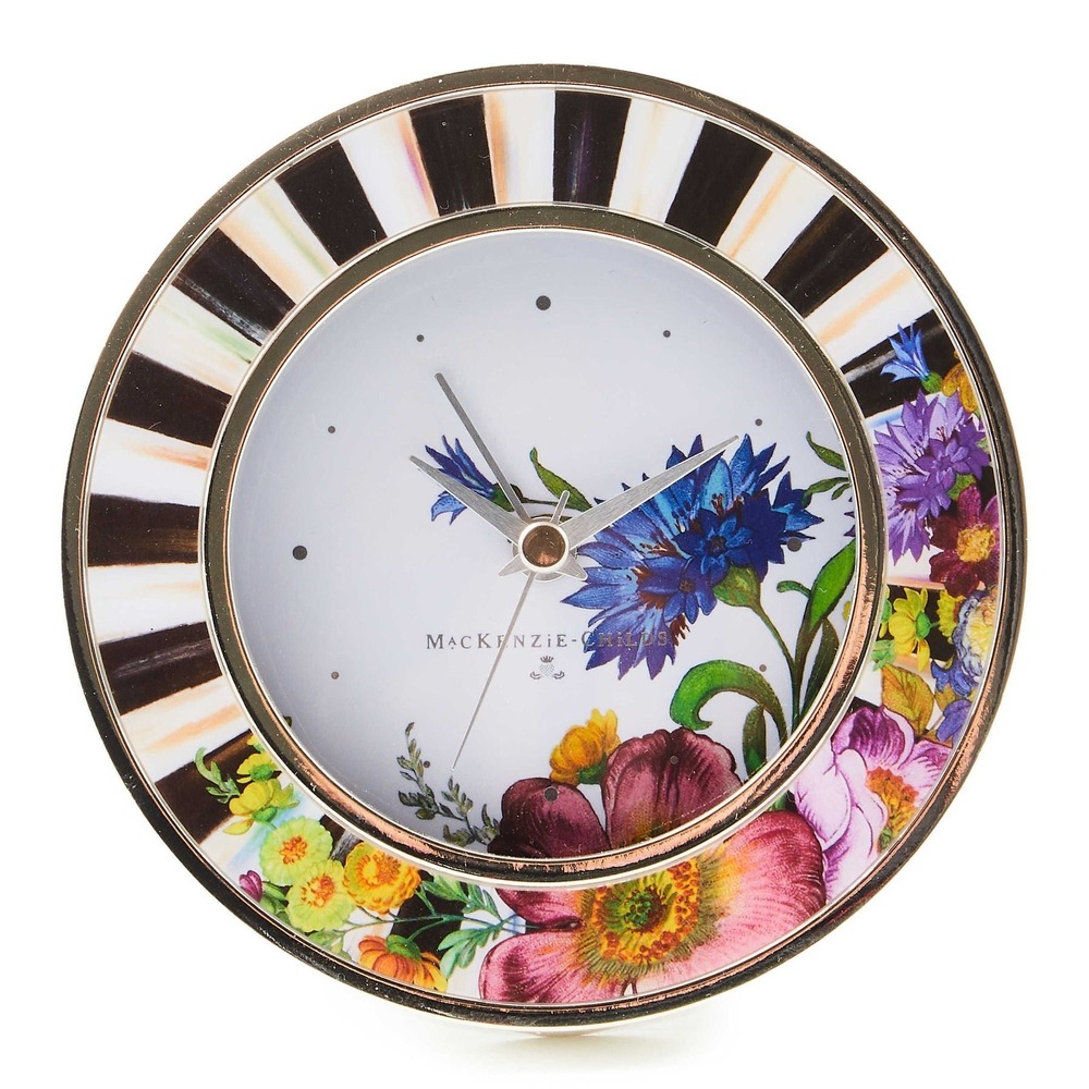 NEW MacKenzie-Childs Flower Market Silver Plated Round Desk Clock Floral Courtly